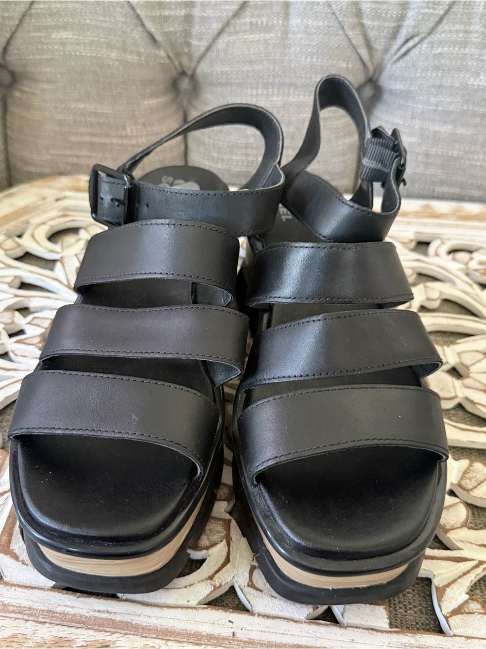Sorel Black Leather Wide Strap Wedge Platform Sandals Shoes Women’s 10 - Picture 11 of 12